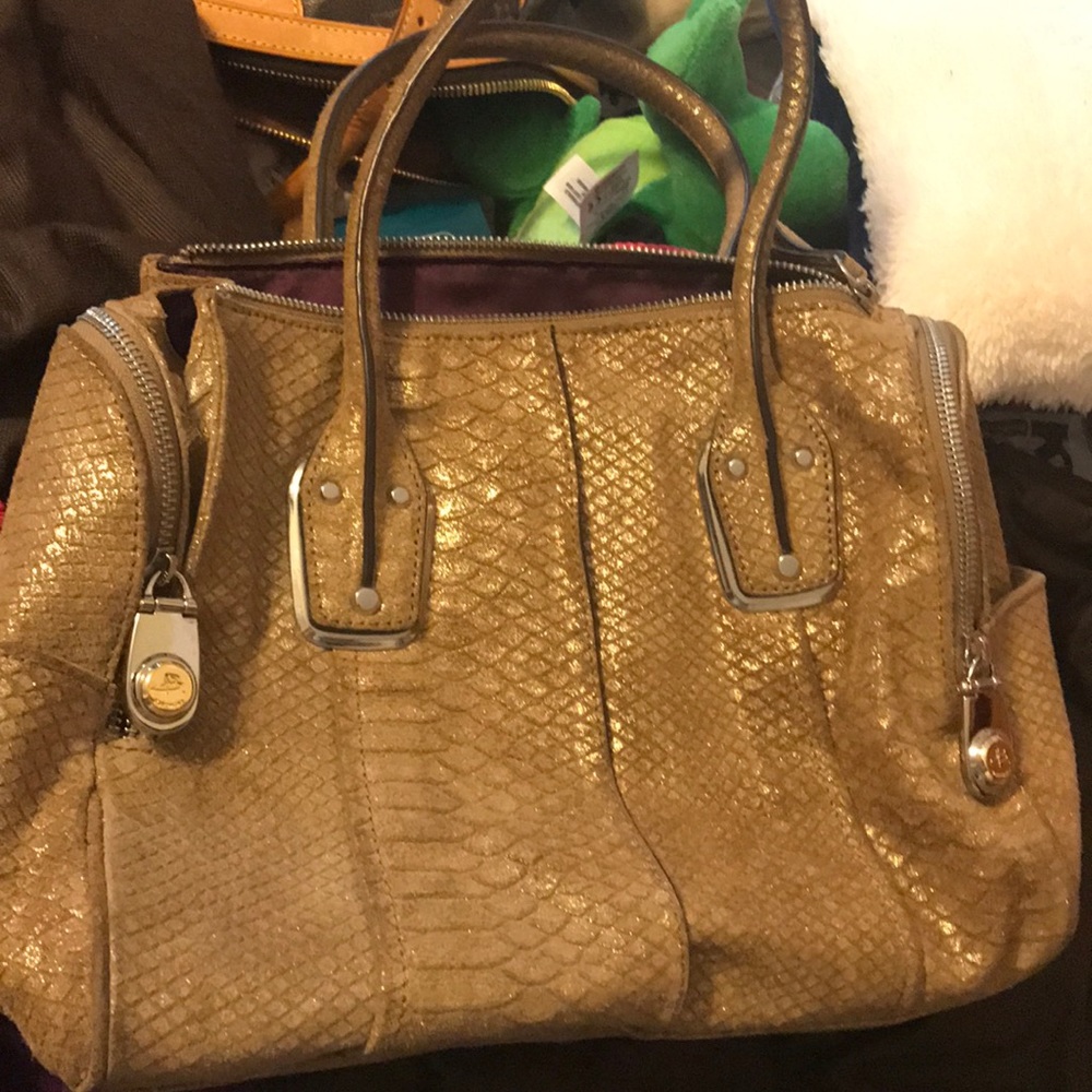COPY - Tan/gold real suede B Makiwsky satchel handbag